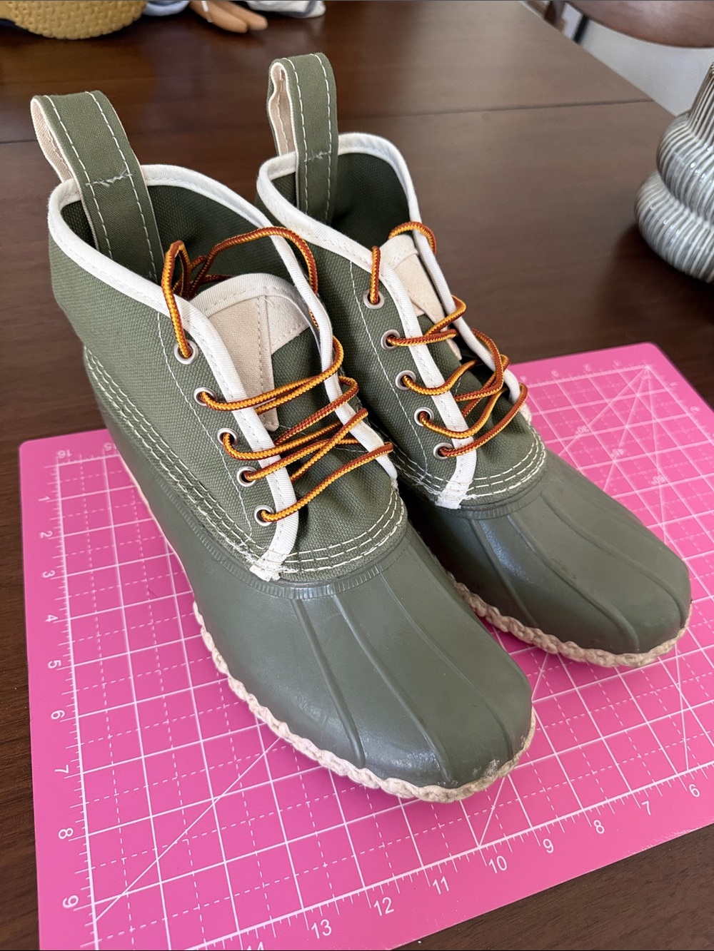 L.L. Bean Olive Green and White Women's Winter Duck Boots with Orange Laces